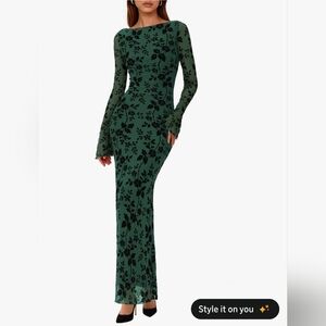Chic Long Sleeve Green Floral Dress